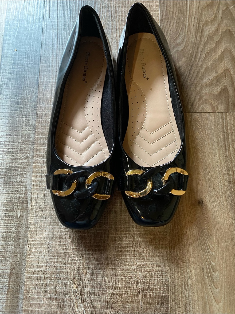 Pierre Dumas Black Patent Flats with Gold Chain Detail